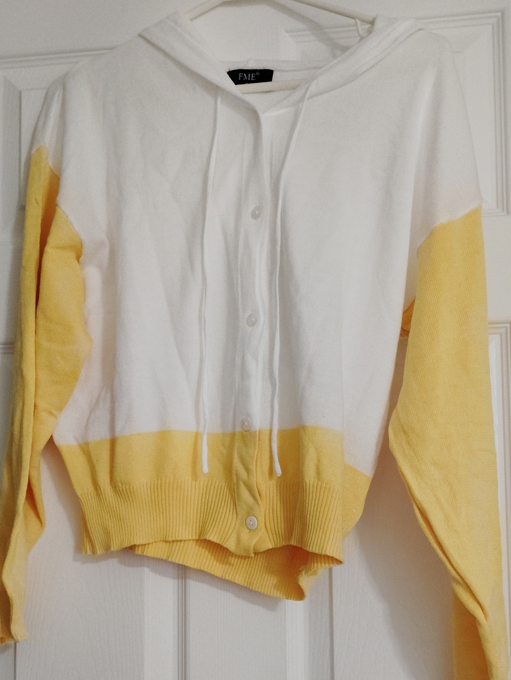 Yellow And White Cardigan With Hoodie.